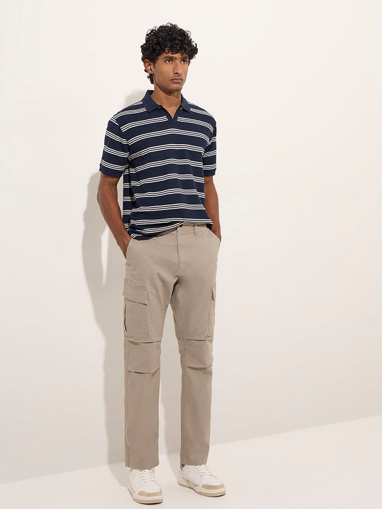 WES Casuals Navy Striped Relaxed-Fit Cotton-Blend Polo T-Shirt