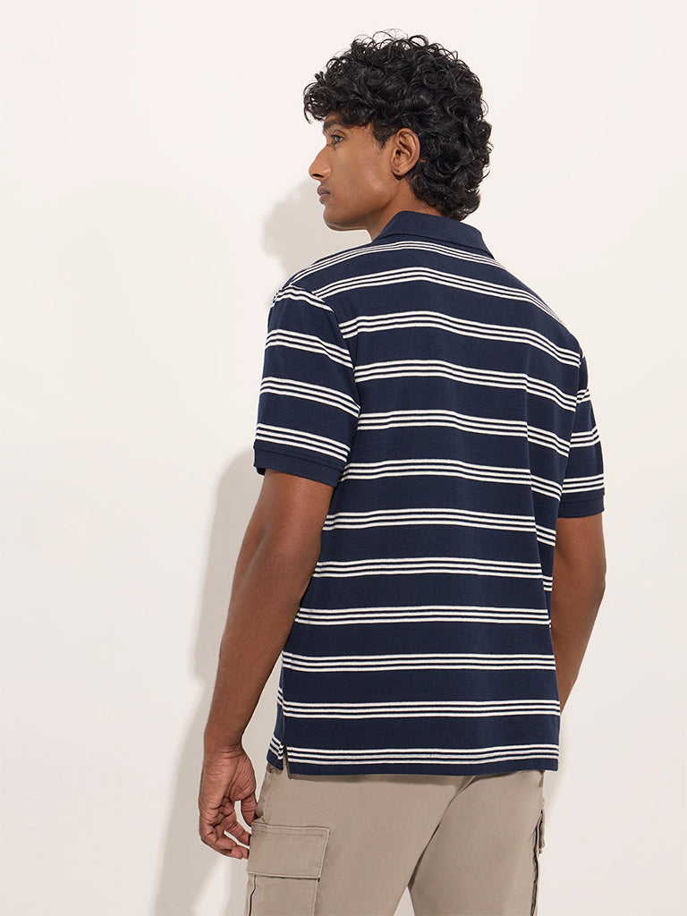 WES Casuals Navy Striped Relaxed-Fit Cotton-Blend Polo T-Shirt