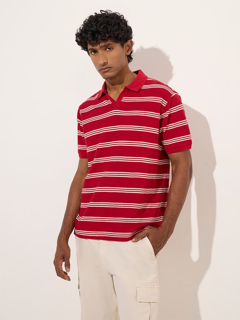 WES Casuals Red Stripe Printed Relaxed-Fit Cotton-Blend Polo T-Shirt