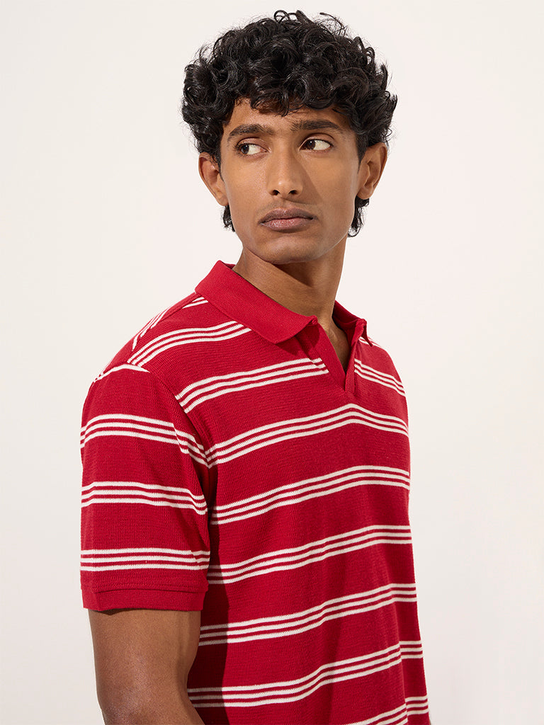 WES Casuals Red Stripe Printed Relaxed-Fit Cotton-Blend Polo T-Shirt