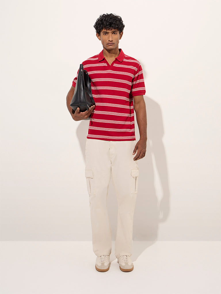 WES Casuals Red Stripe Printed Relaxed-Fit Cotton-Blend Polo T-Shirt