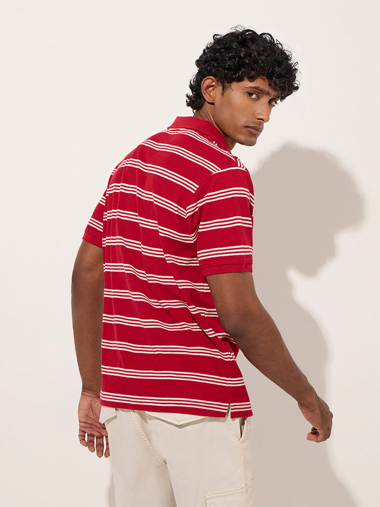 WES Casuals Red Stripe Printed Relaxed-Fit Cotton-Blend Polo T-Shirt