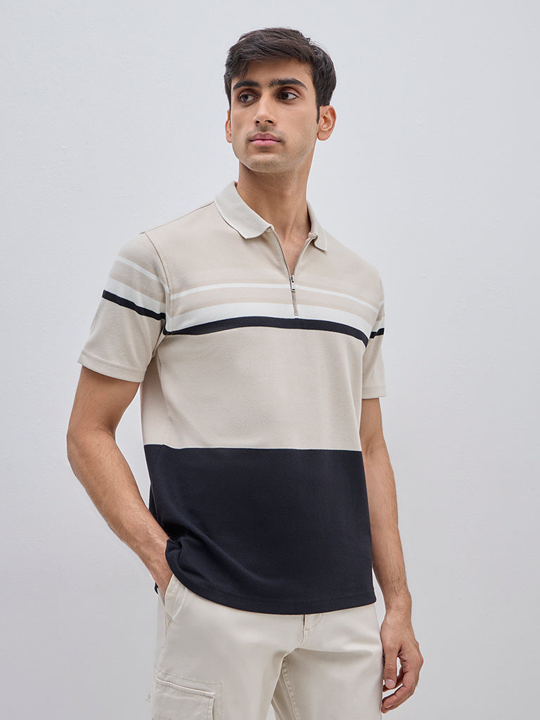 WES Casuals Beige Relaxed-Fit Polo T-Shirt