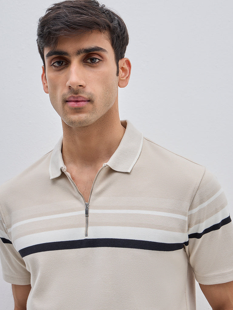 WES Casuals Beige Relaxed-Fit Polo T-Shirt