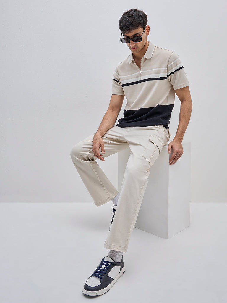 WES Casuals Beige Relaxed-Fit Polo T-Shirt