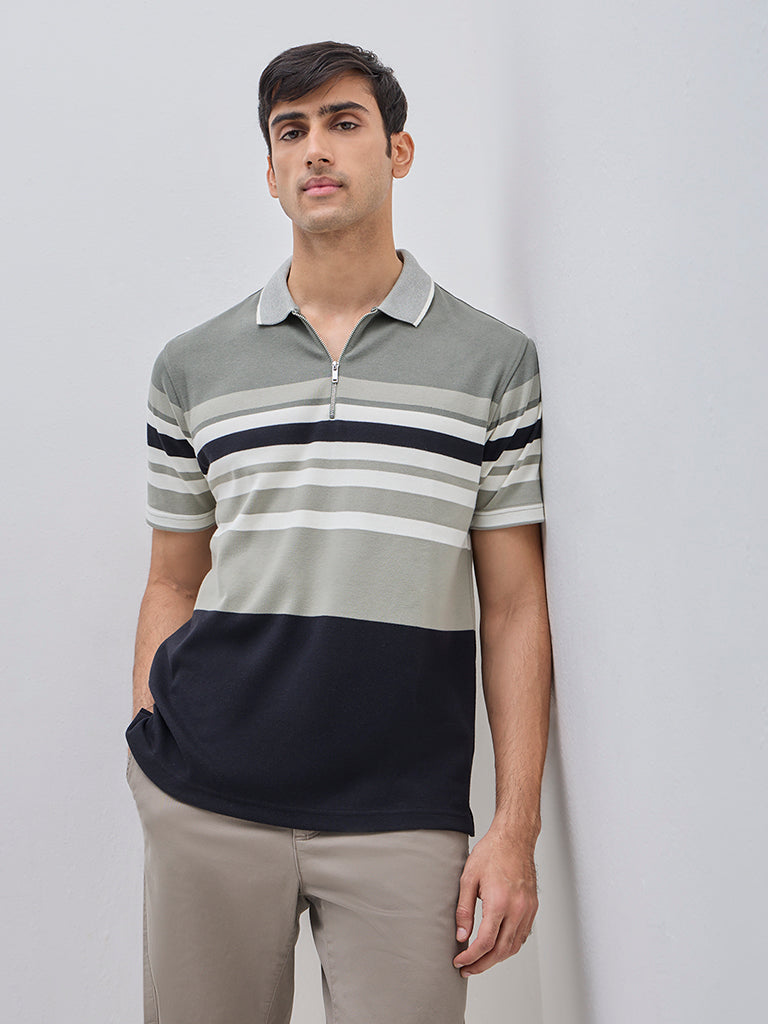 WES Casuals Sage Colour-Blocked Relaxed-Fit Cotton-Blend Polo T-Shirt