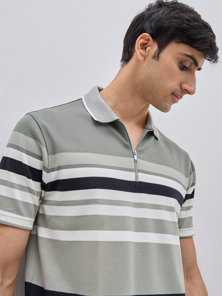 WES Casuals Sage Colour-Blocked Relaxed-Fit Cotton-Blend Polo T-Shirt