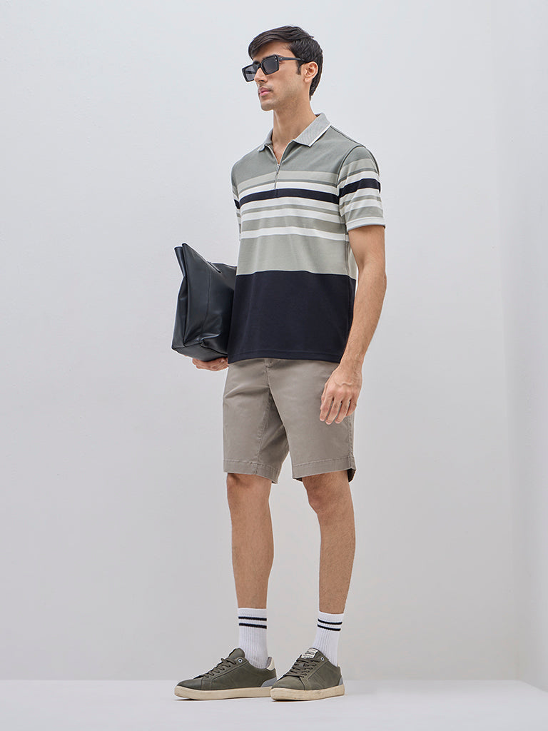 WES Casuals Sage Colour-Blocked Relaxed-Fit Cotton-Blend Polo T-Shirt