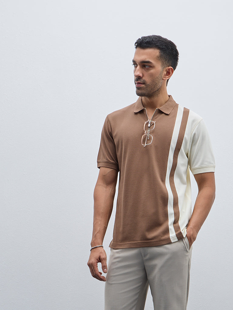 WES Casuals Brown Colour-Blocked Relaxed-Fit T-Shirt