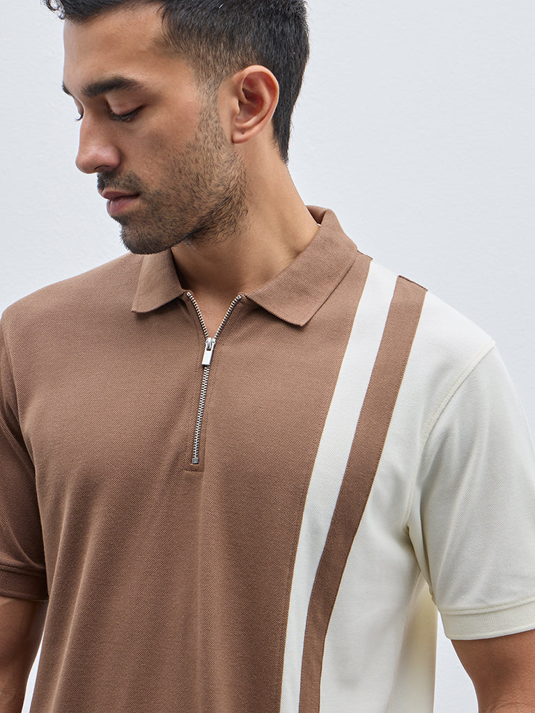 WES Casuals Brown Colour-Blocked Relaxed-Fit T-Shirt