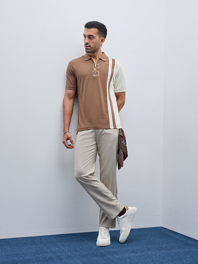 WES Casuals Brown Colour-Blocked Relaxed-Fit T-Shirt