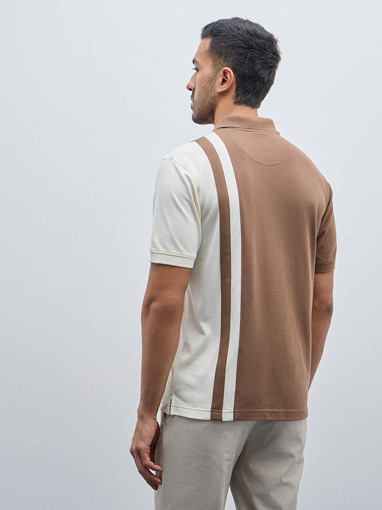 WES Casuals Brown Colour-Blocked Relaxed-Fit T-Shirt