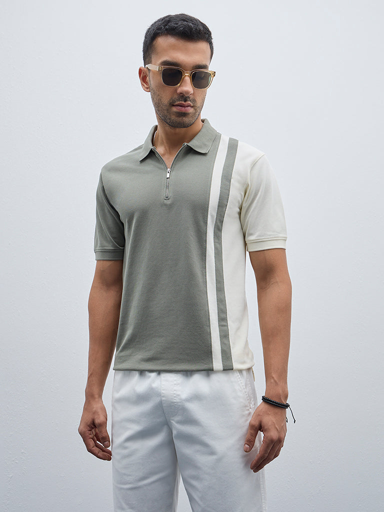 WES Casuals Sage Colour-Blocked Relaxed-Fit Cotton-Blend T-Shirt