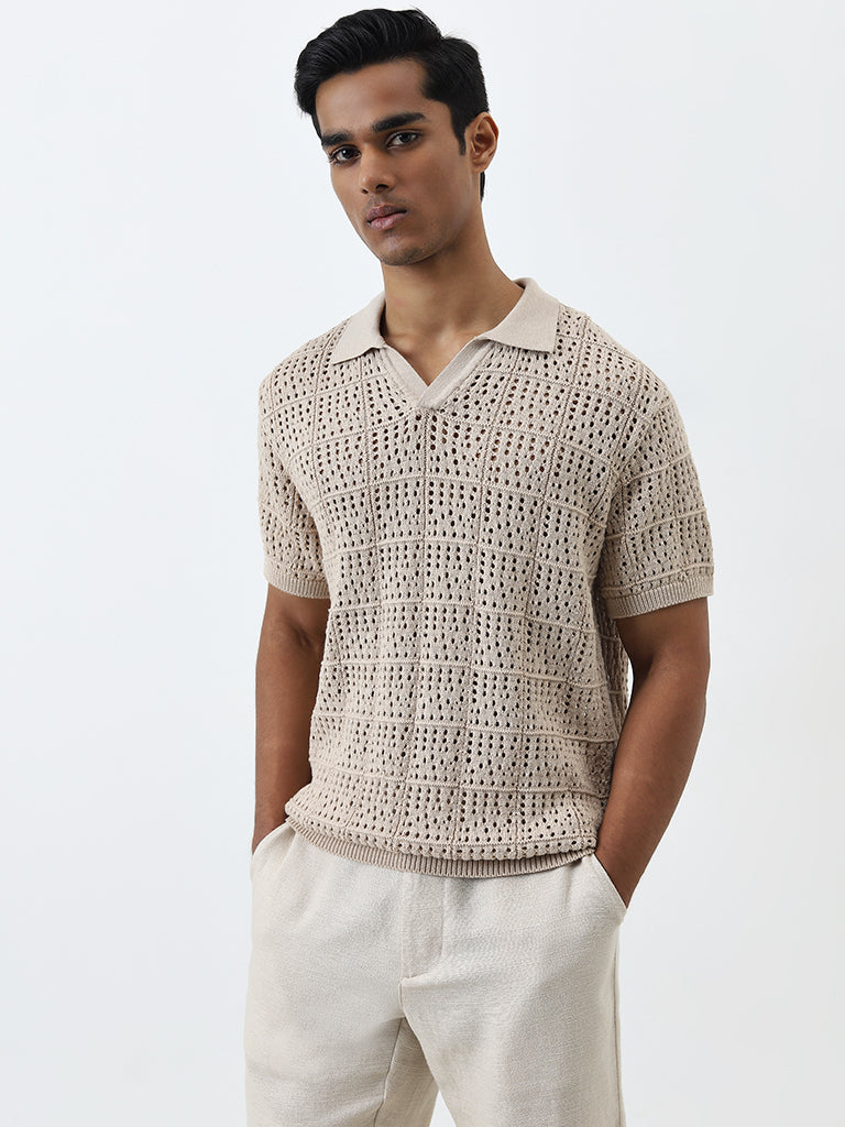 ETA Beige Crochet Knitted Relaxed-Fit T-Shirt