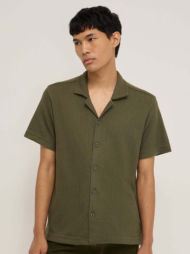 ETA Olive Knitted Relaxed-Fit Cotton-Blend Shirt