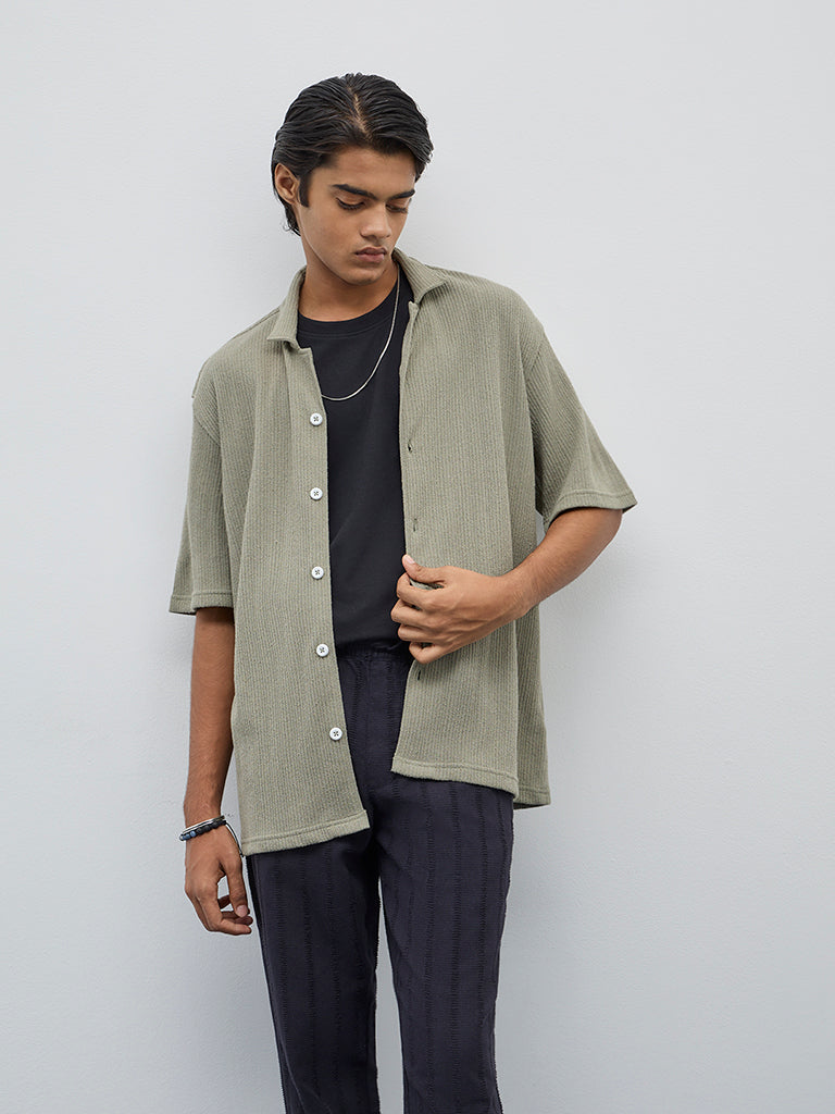 ETA Olive Ribbed Textured Relaxed-Fit Shirt