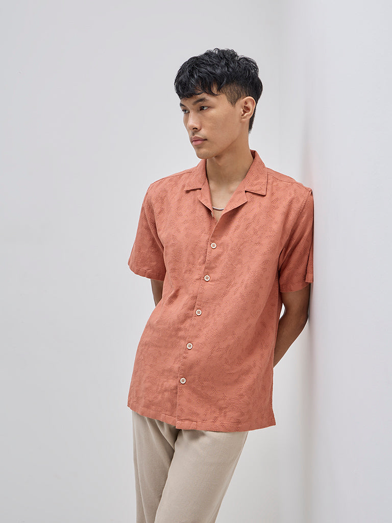 ETA Rust Floral Design Relaxed-Fit Cotton Shirt