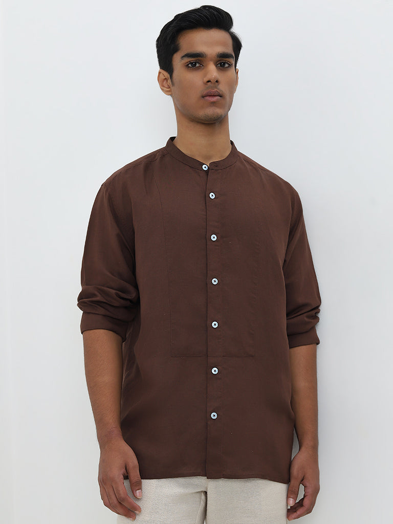 ETA Brown Solid Relaxed-Fit Cotton Shirt