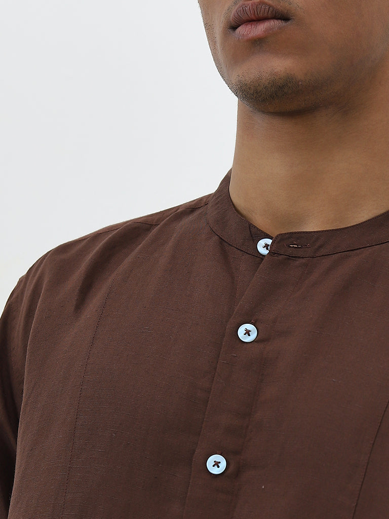 ETA Brown Solid Relaxed-Fit Cotton Shirt