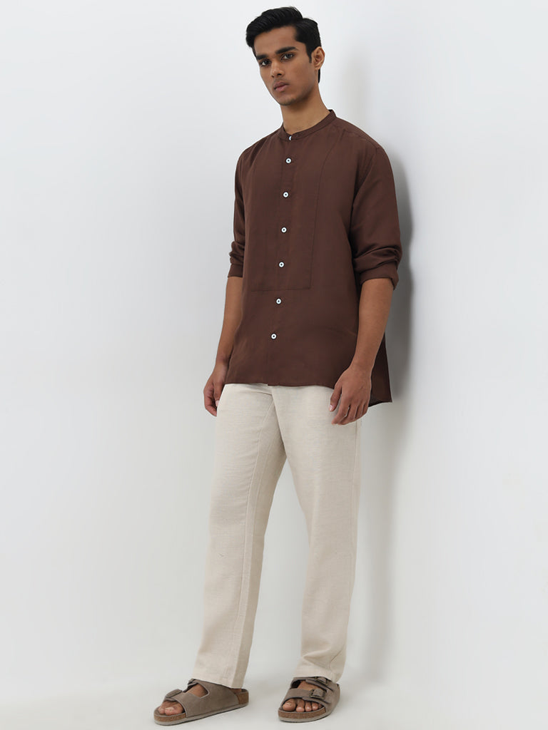 ETA Brown Solid Relaxed-Fit Cotton Shirt