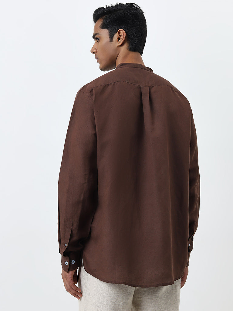 ETA Brown Solid Relaxed-Fit Cotton Shirt