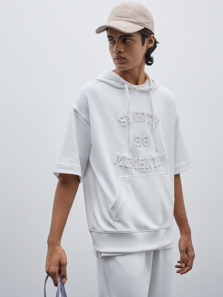 Studiofit Off-White Text Design Relaxed-Fit Cotton Hoodie