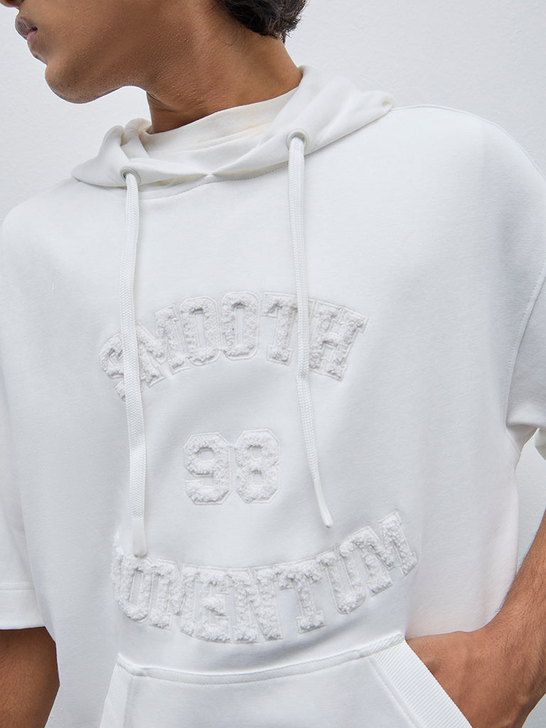 Studiofit Off-White Text Design Relaxed-Fit Cotton Hoodie