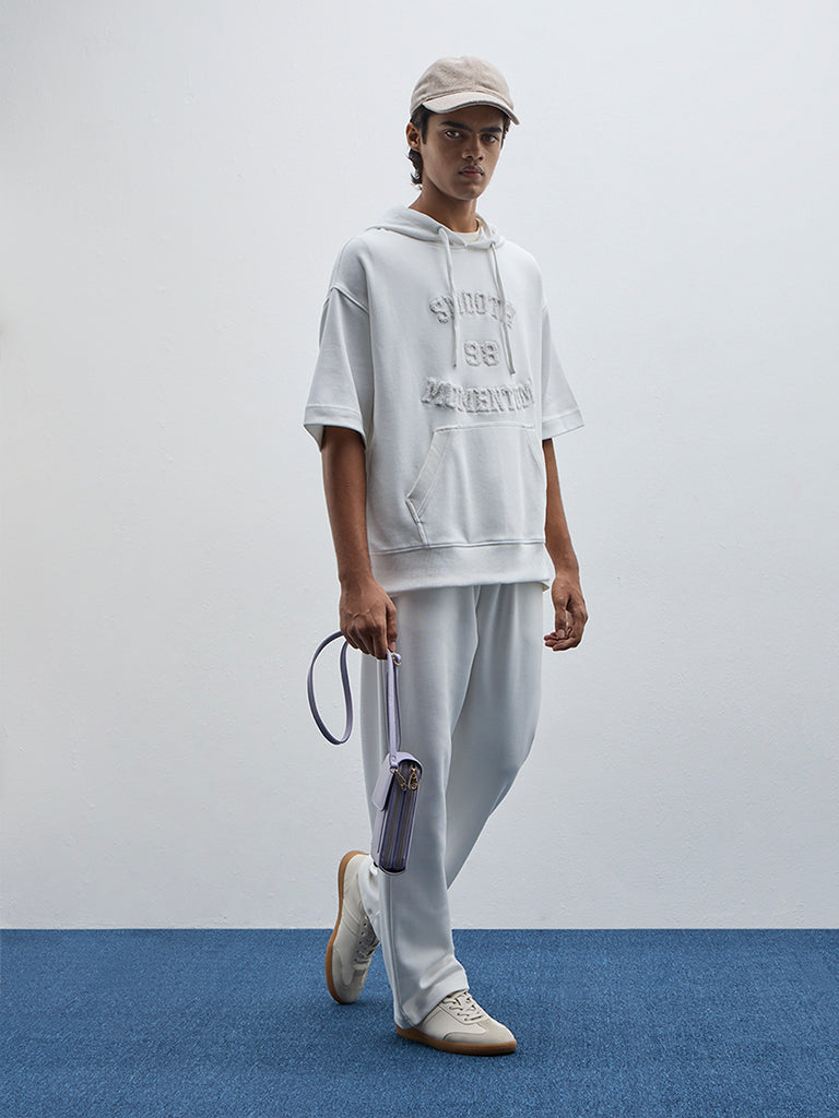 Studiofit Off-White Text Design Relaxed-Fit Cotton Hoodie