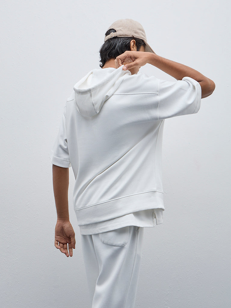 Studiofit Off-White Text Design Relaxed-Fit Cotton Hoodie