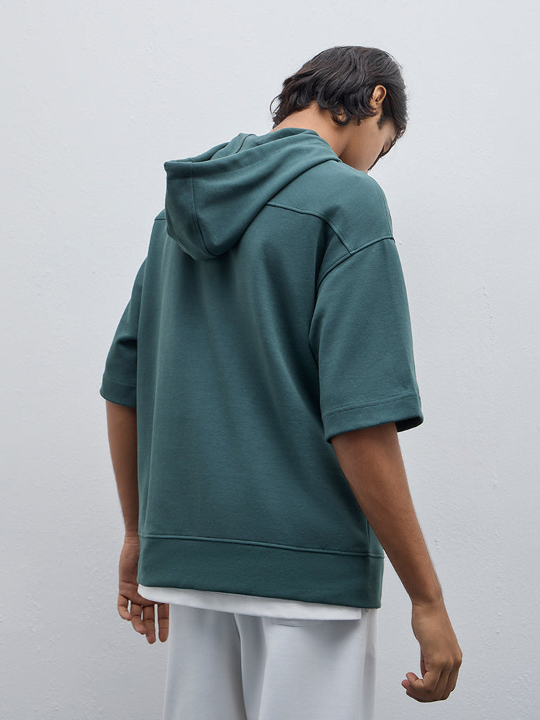 Studiofit Dark Green Text Design Relaxed-Fit Cotton-Blend Hoodie