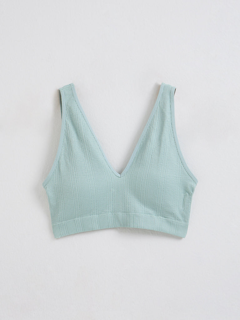 Superstar Mint Ribbed Textured Padded Cotton-Blend Plunge Bra