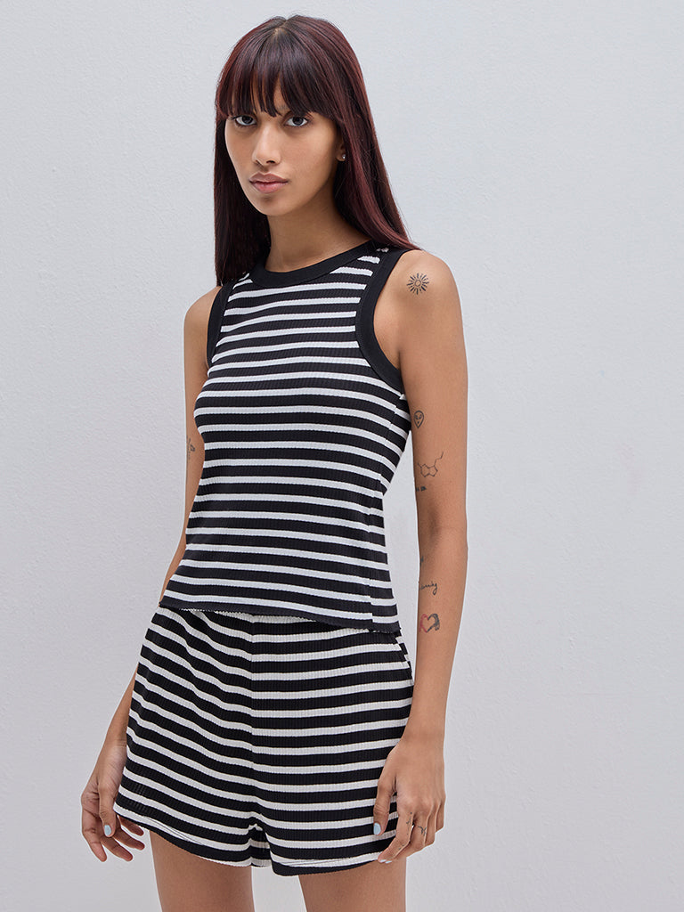 Superstar Black & White Striped Cotton Blend Tank Top