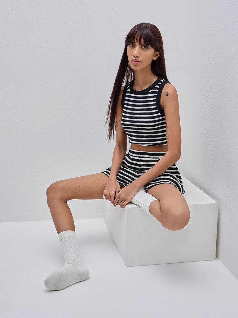 Superstar Black & White Striped Cotton Blend Tank Top