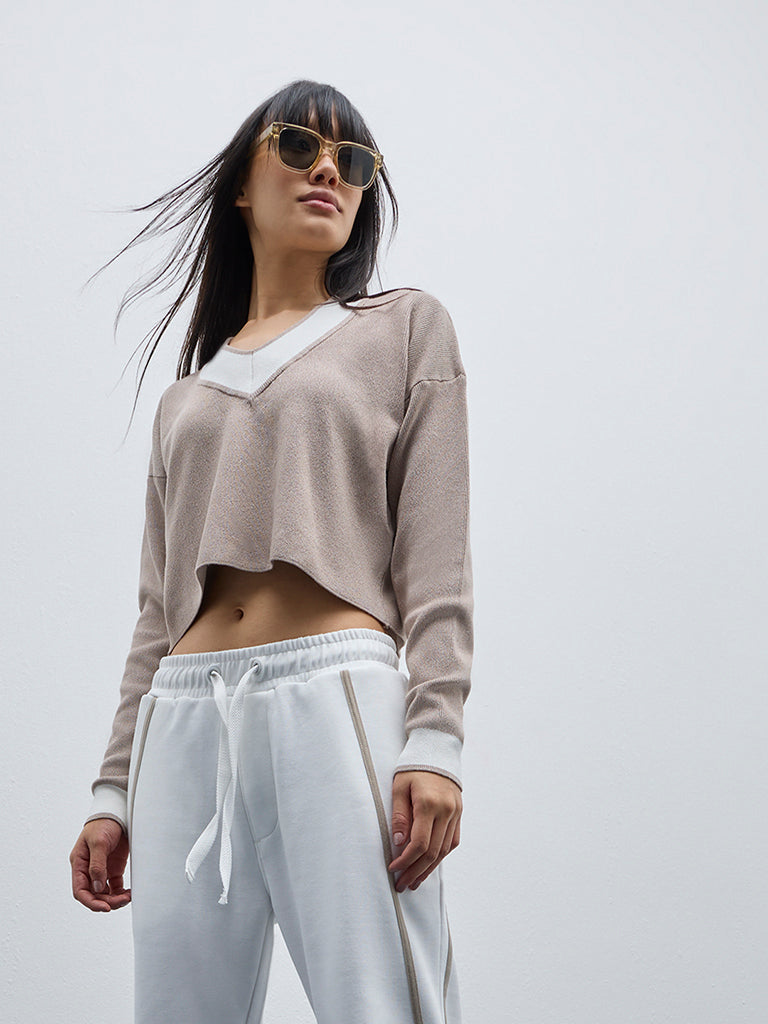 Studiofit Taupe Colour Blocked Crop T-Shirt