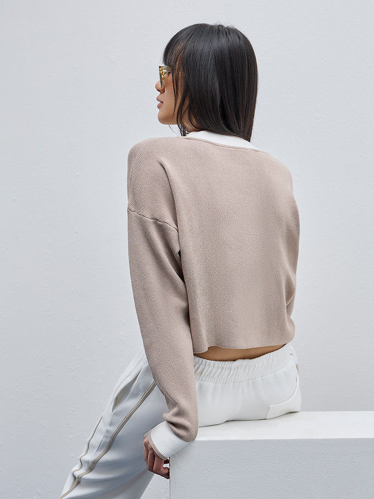 Studiofit Taupe Colour Blocked Crop T-Shirt