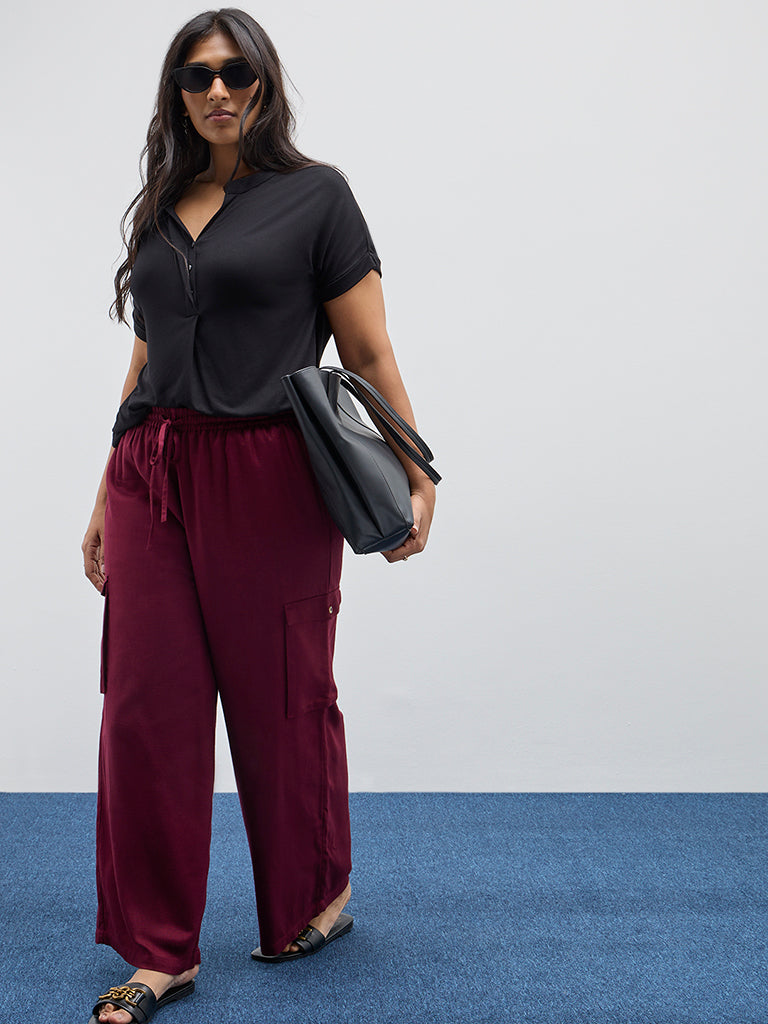 Gia Maroon Cargo-Style High-Rise Pants