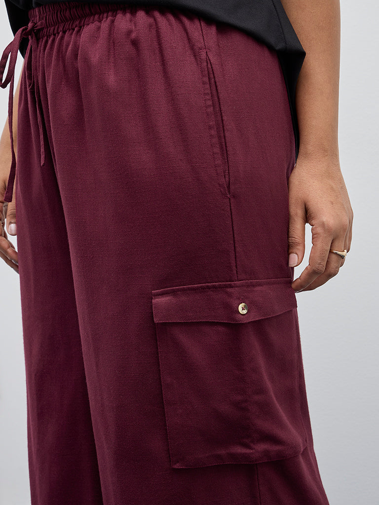 Gia Maroon Cargo-Style High-Rise Pants