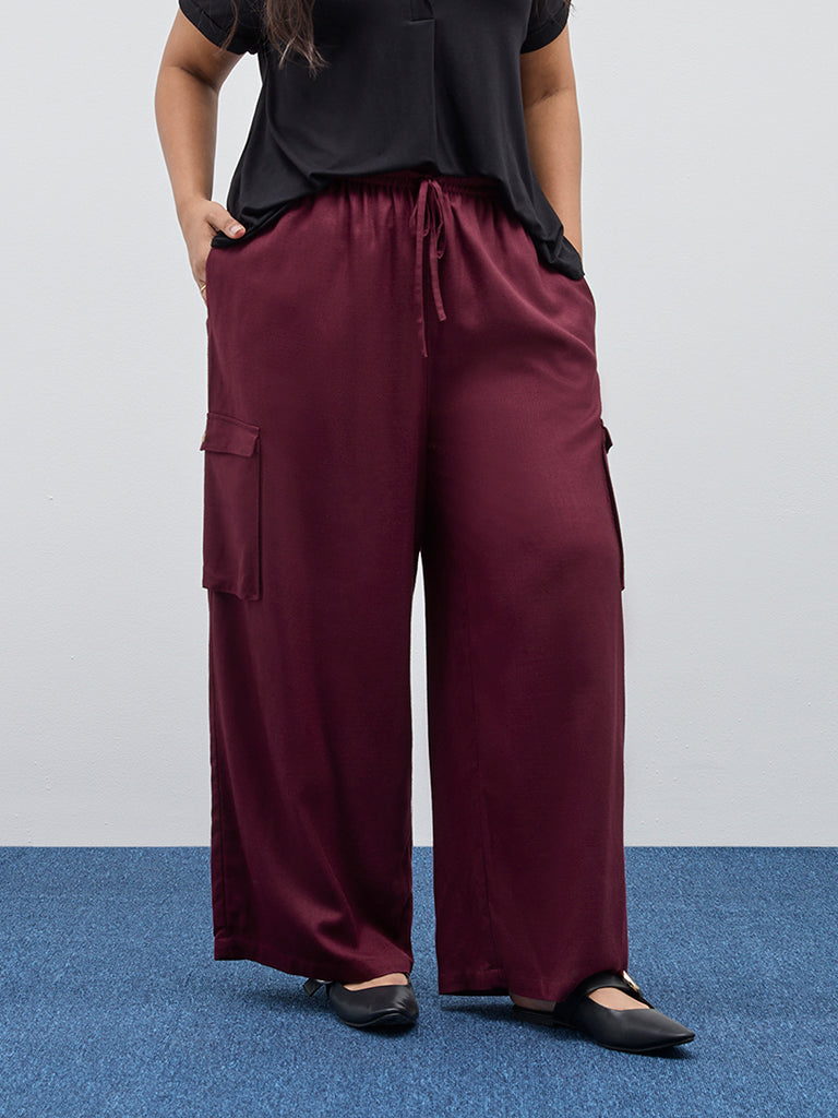 Gia Maroon Cargo-Style High-Rise Pants