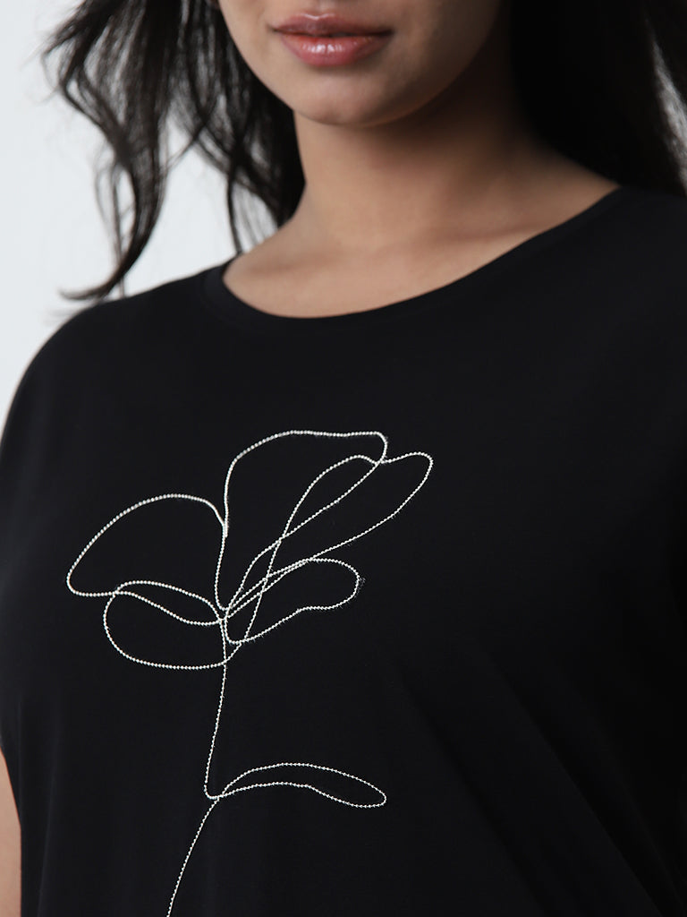 Gia Black Floral Design Cotton T-Shirt