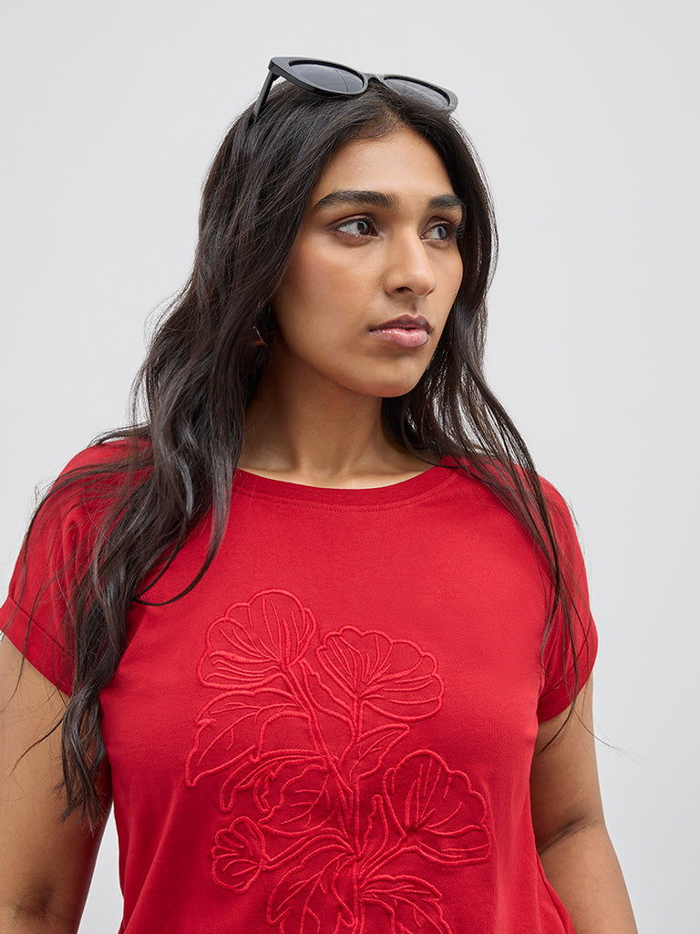 Gia Red Floral Embroidered Cotton T-Shirt