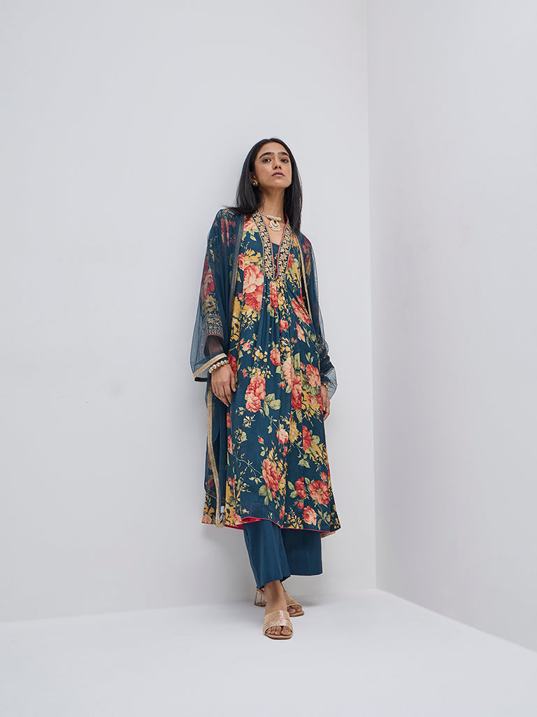 Vark Blue Floral Print A-Line Kurta, Pants and Dupatta Set