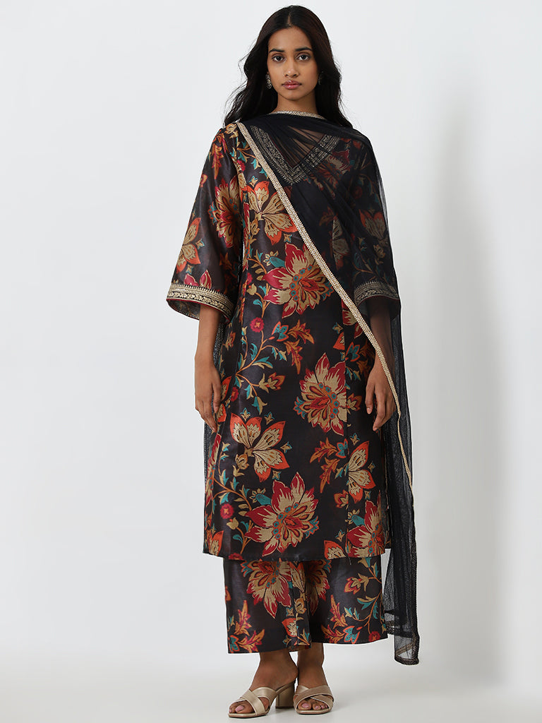 Vark Black Printed A-Line Kurta, Palazzos and Dupatta Set