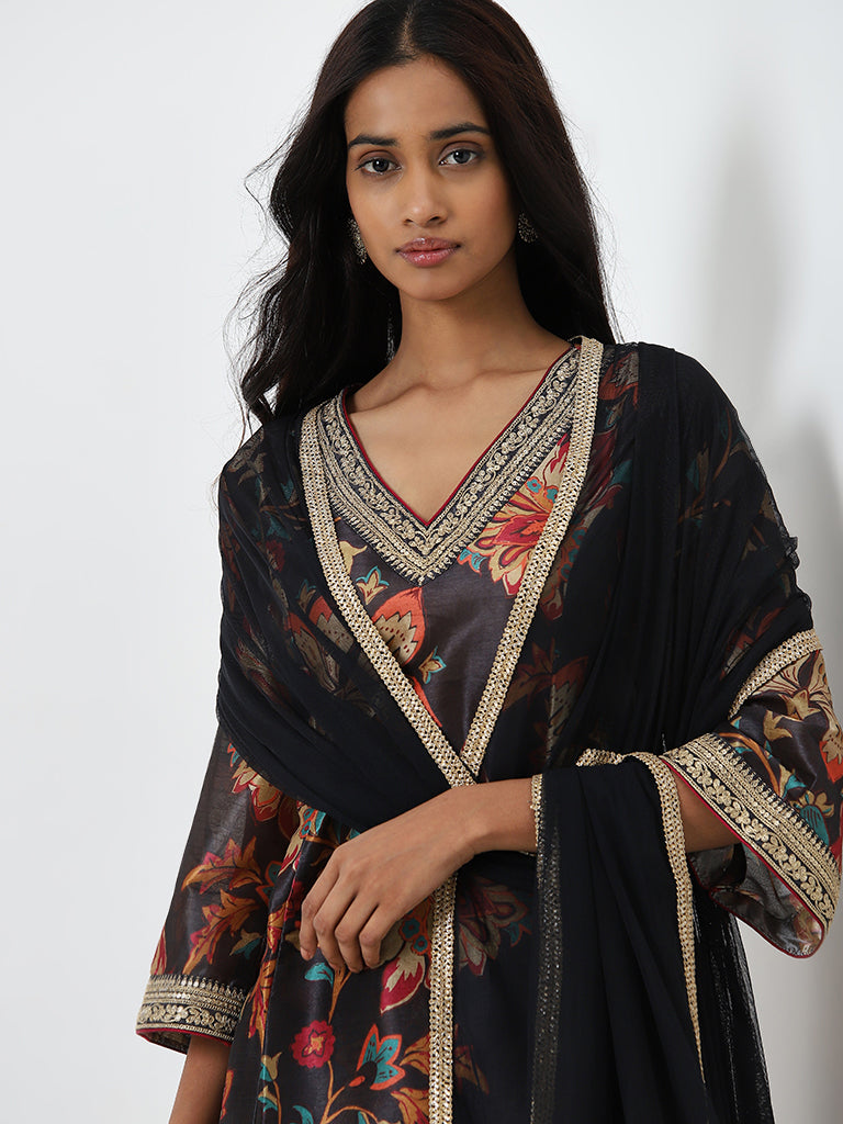 Vark Black Printed A-Line Kurta, Palazzos and Dupatta Set