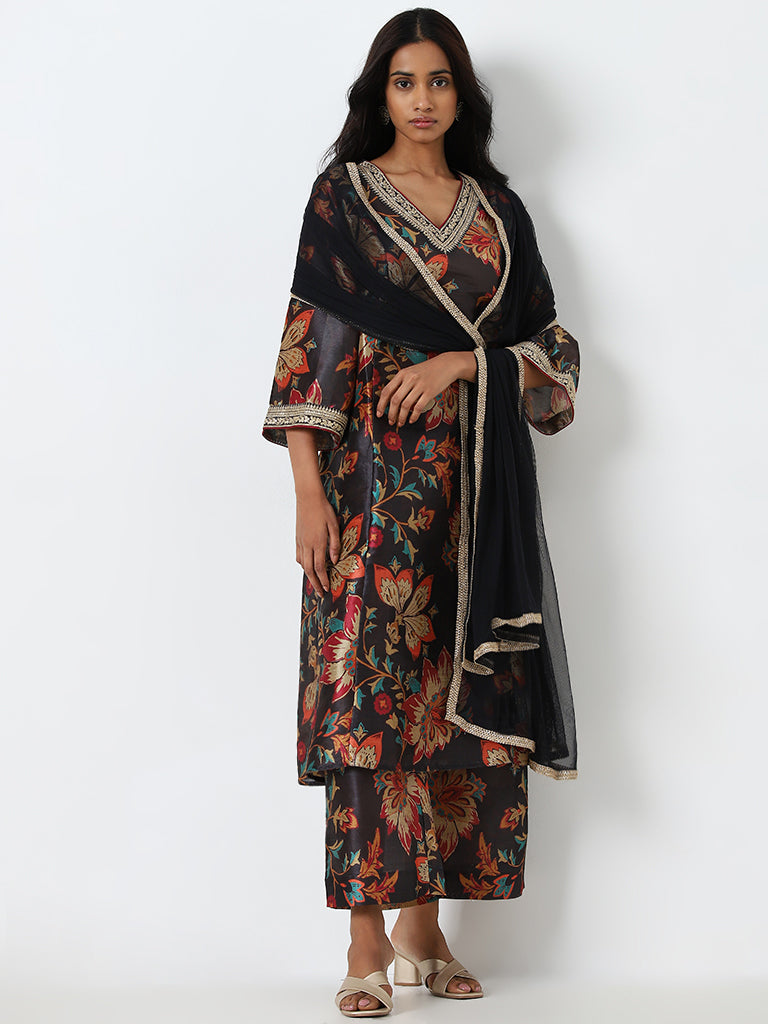 Vark Black Printed A-Line Kurta, Palazzos and Dupatta Set