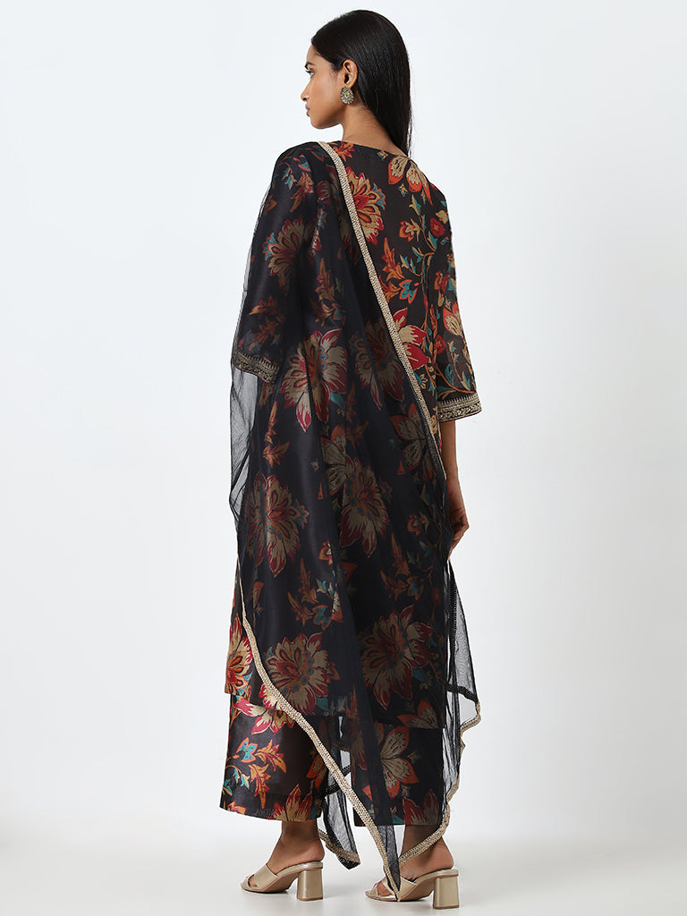 Vark Black Printed A-Line Kurta, Palazzos and Dupatta Set