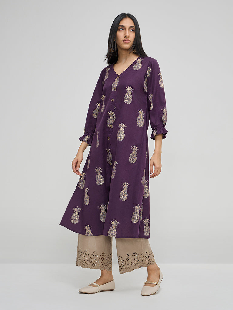 Utsa Purple Fruit Design A-Line Cotton Blend Kurta