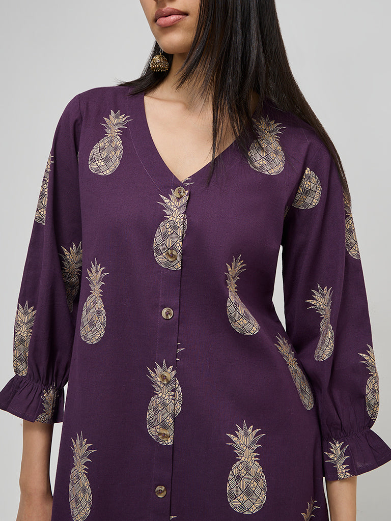 Utsa Purple Fruit Design A-Line Cotton Blend Kurta