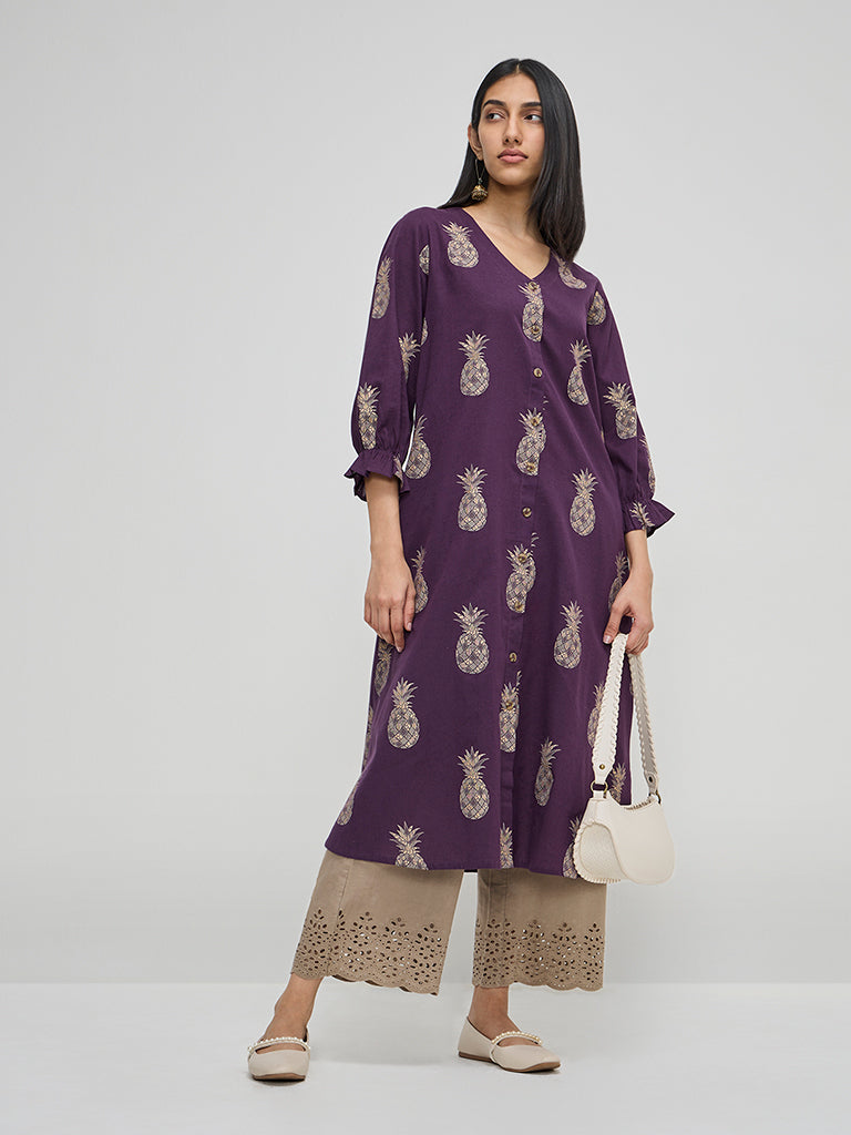 Utsa Purple Fruit Design A-Line Cotton Blend Kurta