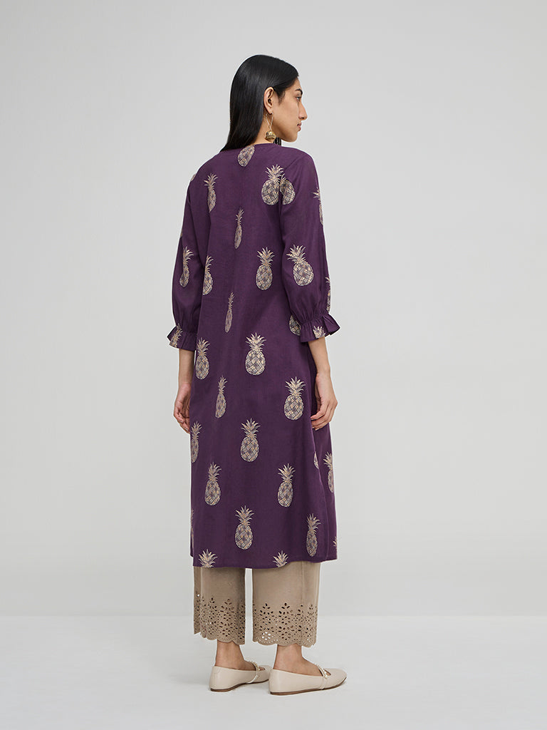 Utsa Purple Fruit Design A-Line Cotton Blend Kurta