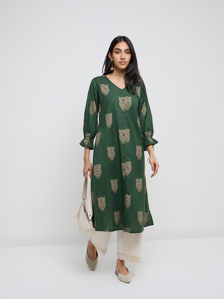 Utsa Green Bird Printed A-Line Cotton Blend Kurta